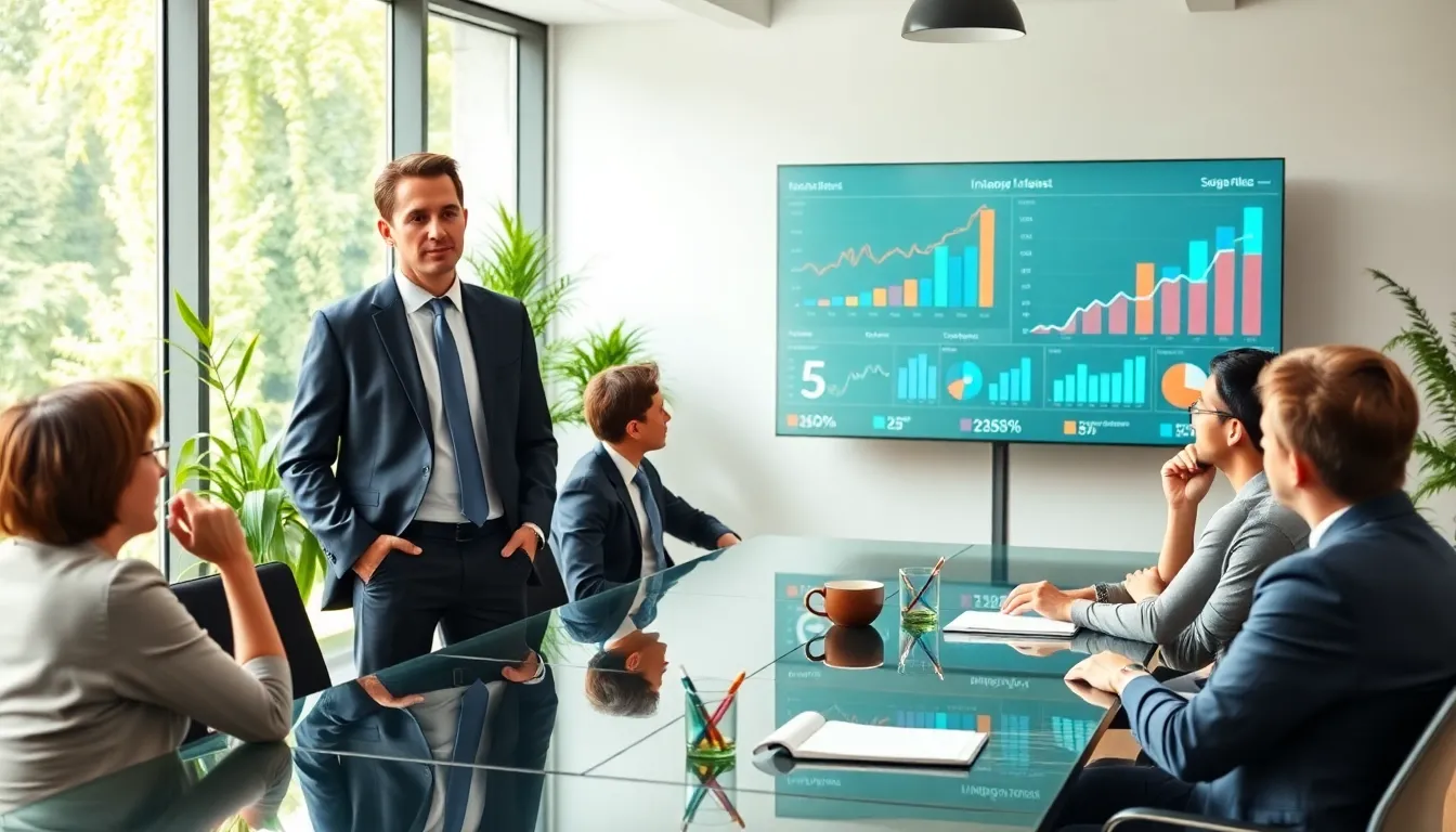 financial advisor discussing multi asset investing with clients in a modern office.
