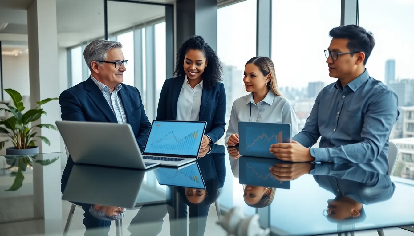 diverse professionals discussing investment strategies in a modern office.