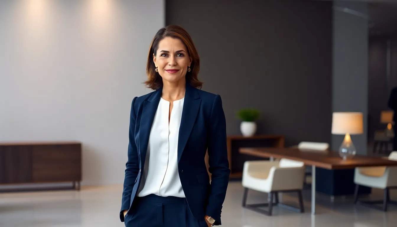 Queen Letizia in a stylish outfit in a modern office setting.
