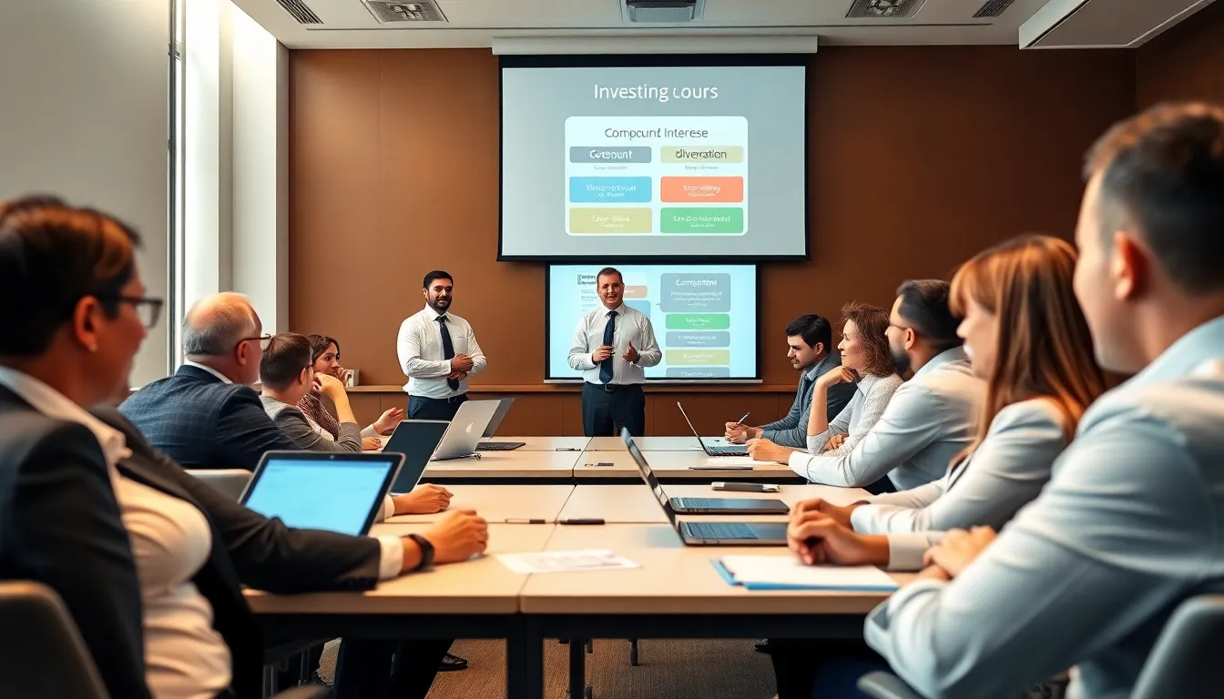 a diverse group learning investment basics in a modern classroom.