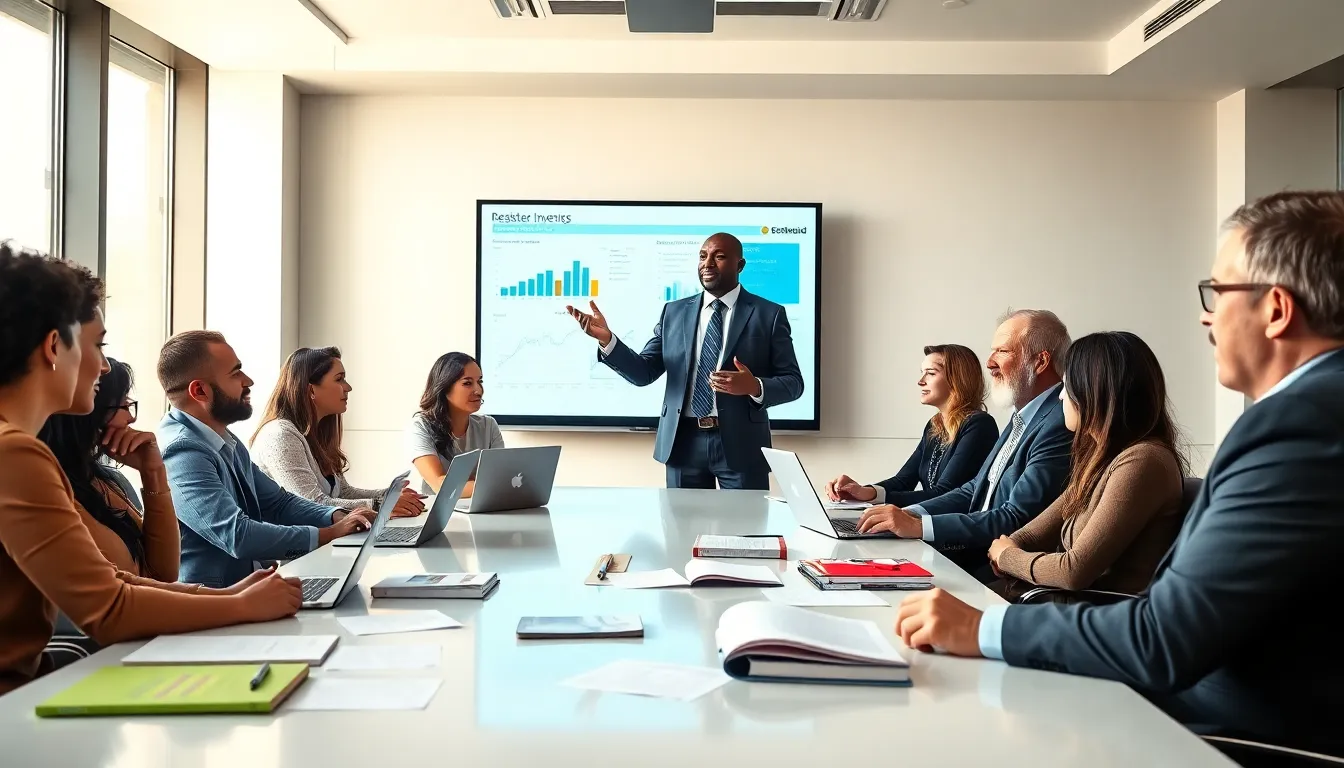 diverse adults engaged in a real estate investing class.