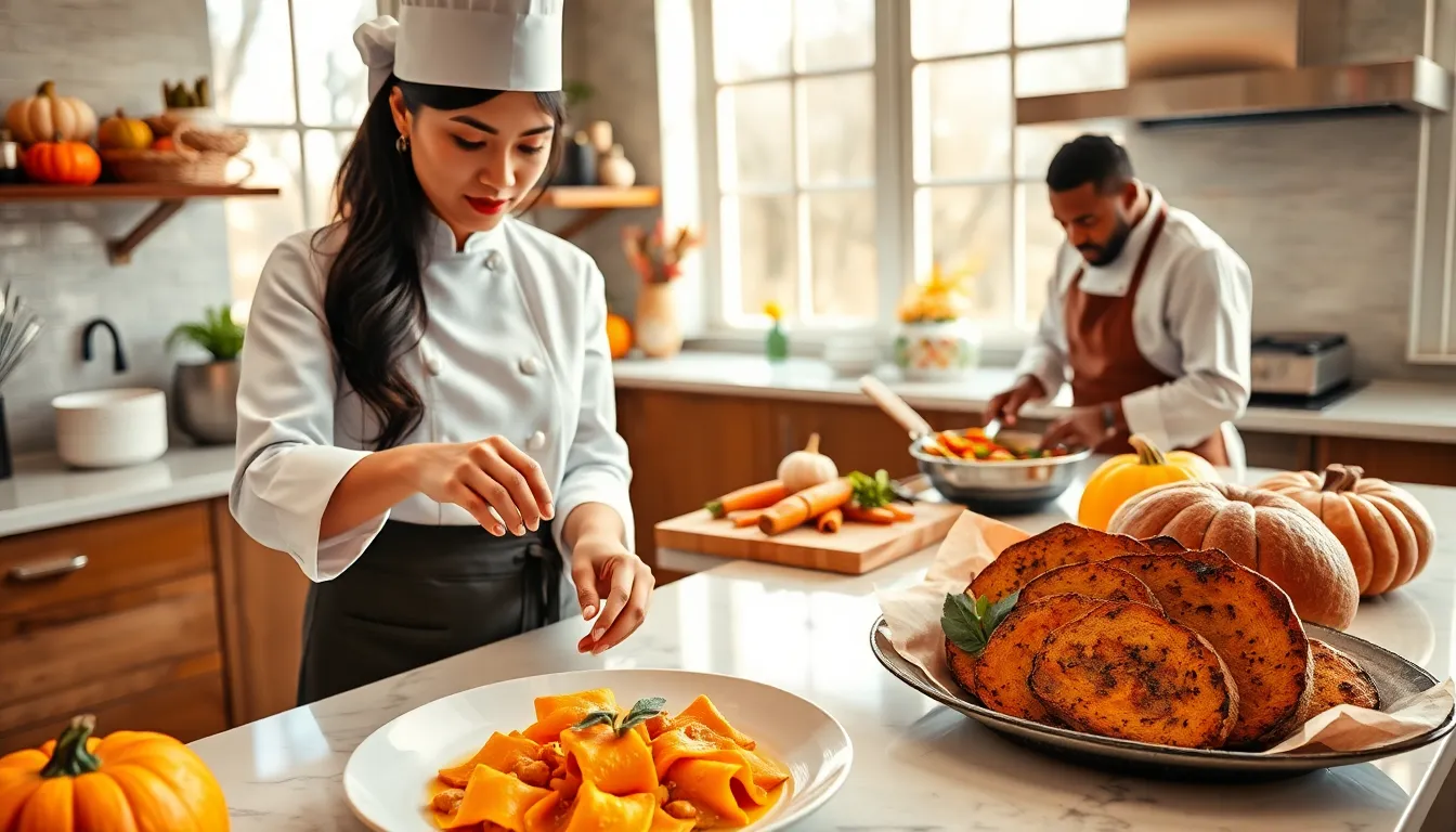 chefs preparing fall-inspired dishes in a modern kitchen.