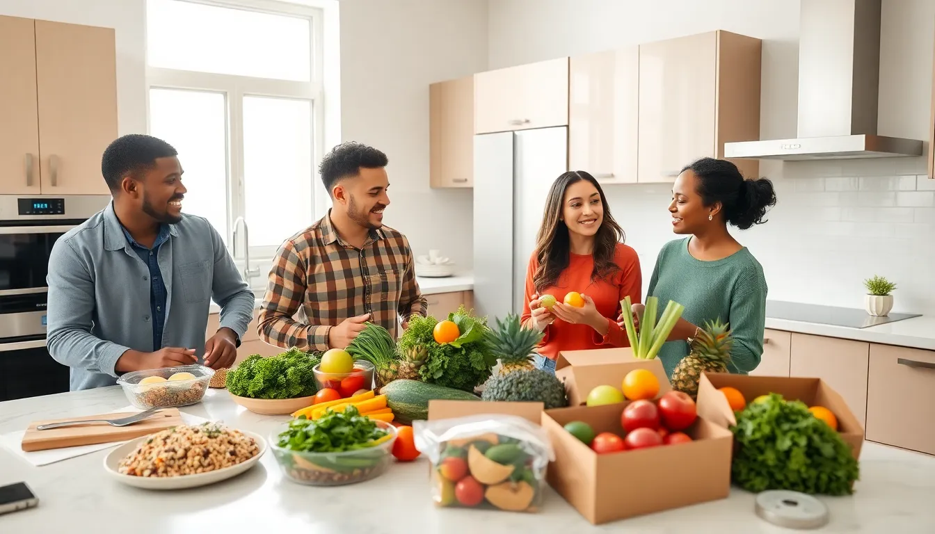 diverse professionals discussing health food trends in a modern kitchen.