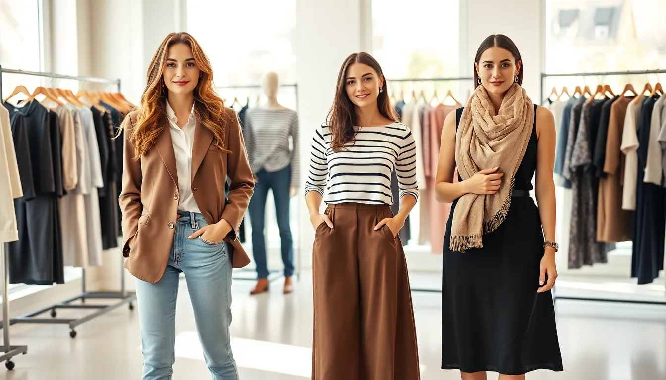 three stylish women showcasing French fashion in a modern boutique.