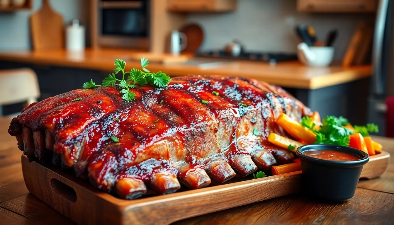 platter of country style pork ribs with vegetables on a rustic table.