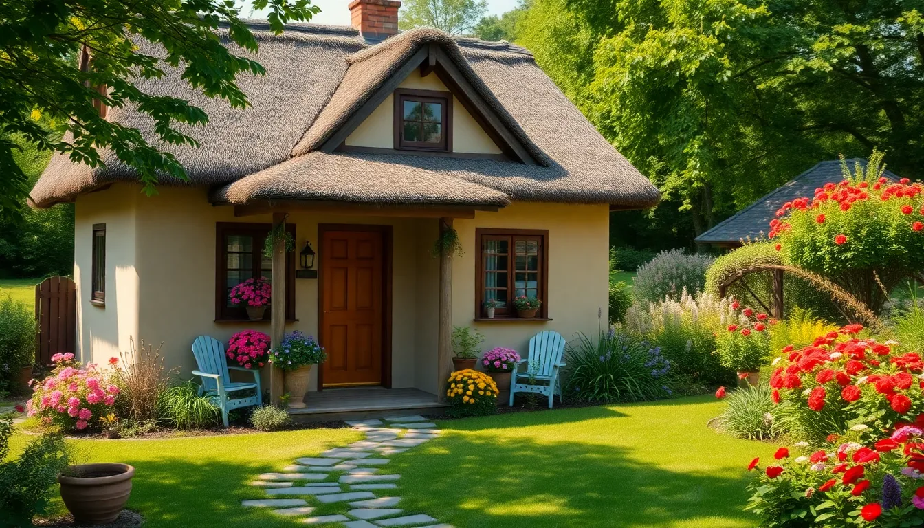 charming cottage-style house with a colorful garden.