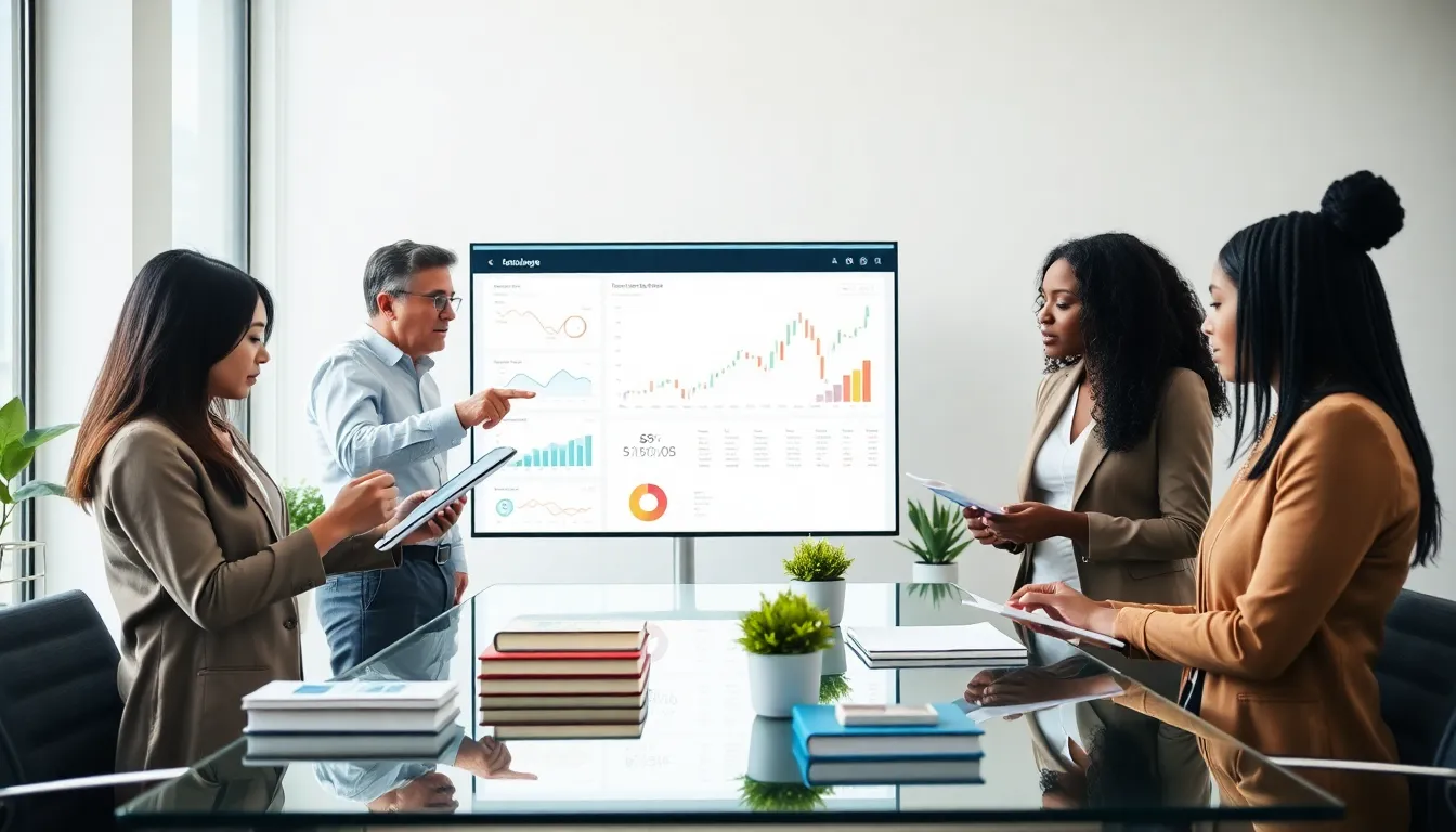 three professionals discussing investment strategies in a modern office.