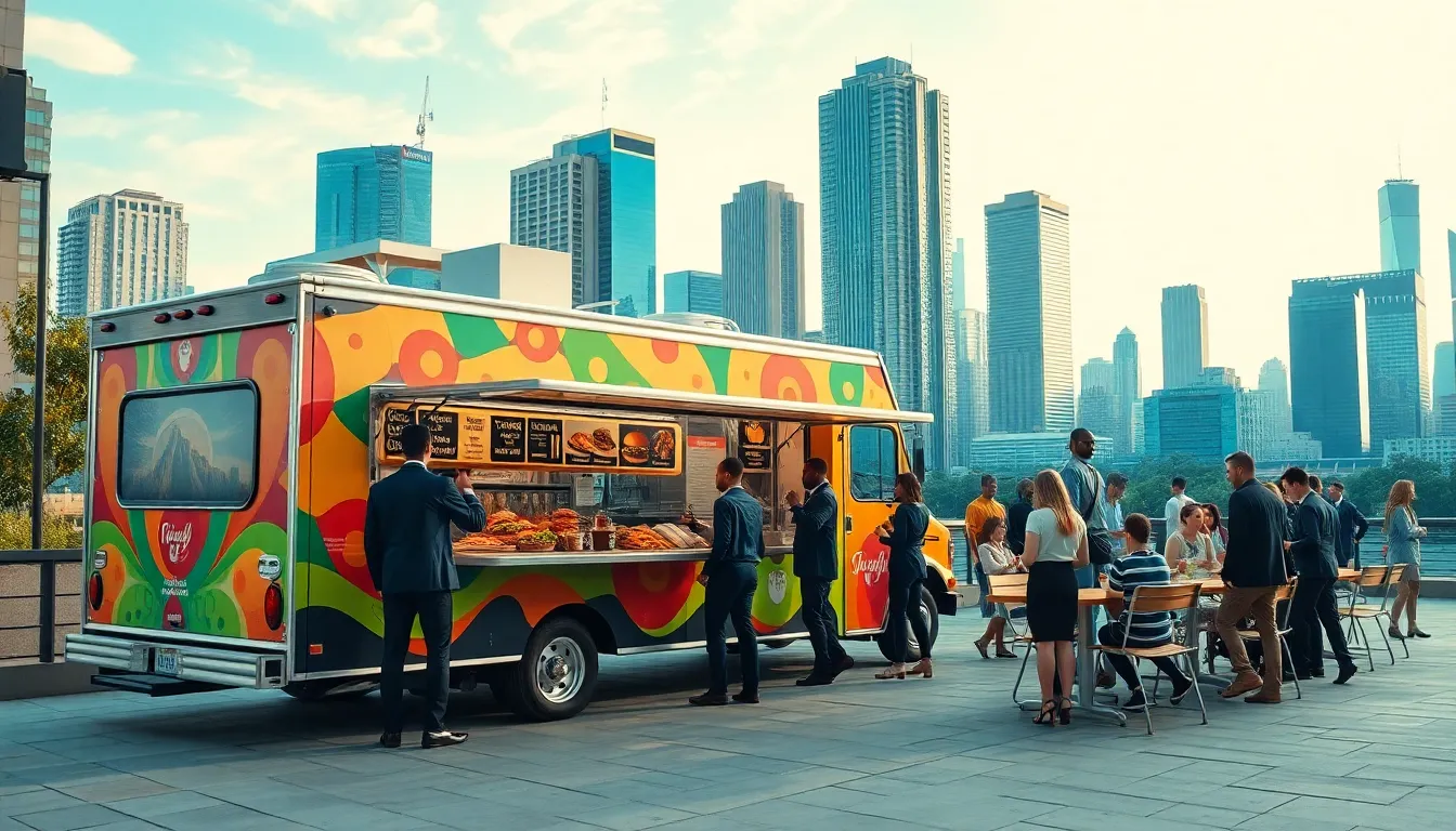 vibrant food truck scene in an urban American setting.